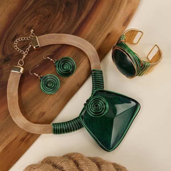 Boho Style Maximelism Jewelry Set Bohemia Design Brown / Green Stone Necklace Earrings Bangle Bracelet Sets - Image 3