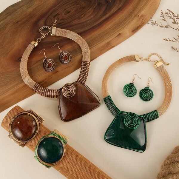 Boho Style Maximelism Jewelry Set Bohemia Design Brown / Green Stone Necklace Earrings Bangle Bracelet Sets - Image 4