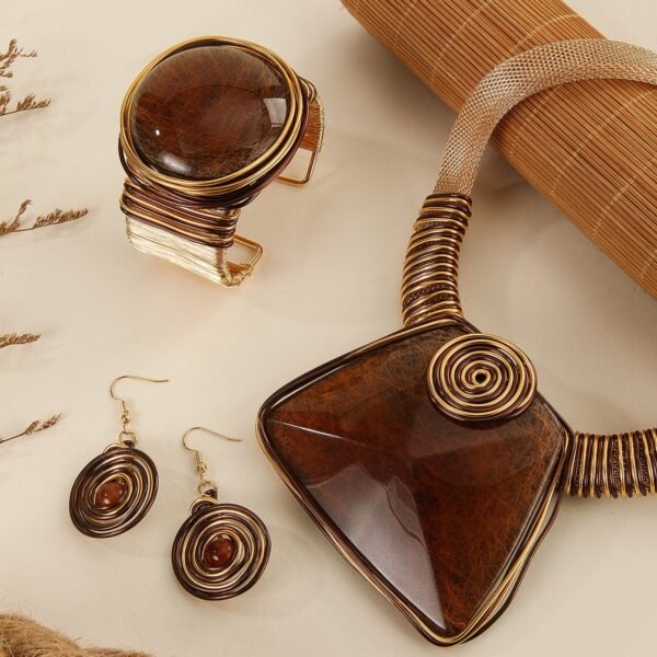 Boho Style Maximelism Jewelry Set Bohemia Design Brown / Green Stone Necklace Earrings Bangle Bracelet Sets