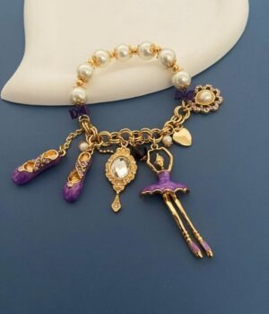 Vintage Style Purple Ballet Dancer Toe Shoes Charm Bow Tie Imitation Pearl Elastic Band Charms Bracelet