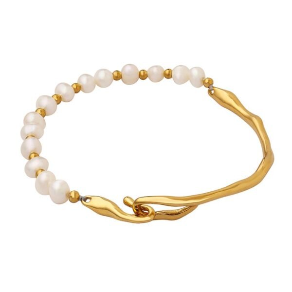 18k Gold Plated Stainless Steel Real Fresh Water Pearls Bracelet Hook Clasp Bangle Gold / Silver Color
