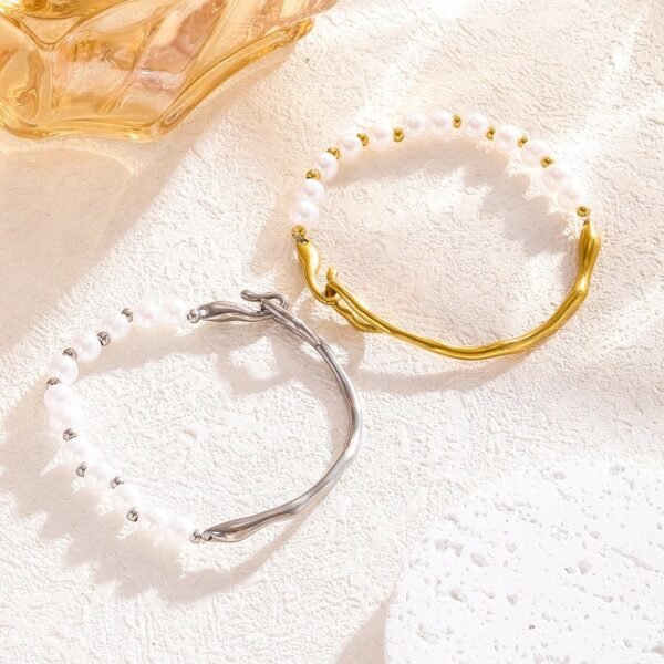 18k Gold Plated Stainless Steel Real Fresh Water Pearls Bracelet Hook Clasp Bangle Gold / Silver Color - Image 3