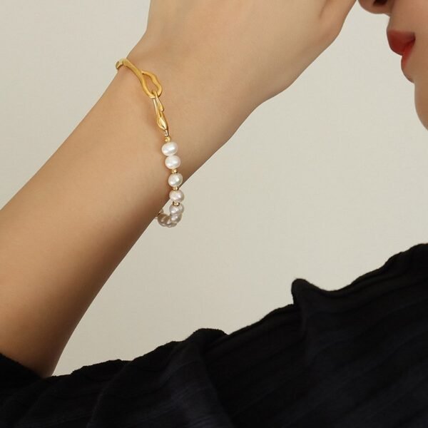 18k Gold Plated Stainless Steel Real Fresh Water Pearls Bracelet Hook Clasp Bangle Gold / Silver Color - Image 5