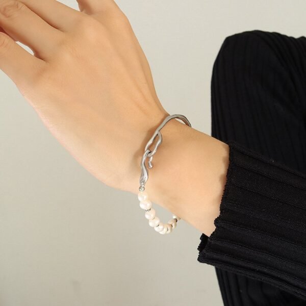 18k Gold Plated Stainless Steel Real Fresh Water Pearls Bracelet Hook Clasp Bangle Gold / Silver Color - Image 4