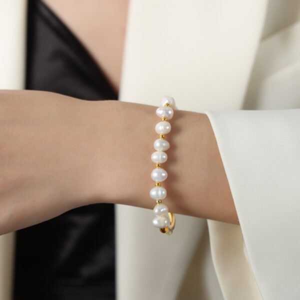 18k Gold Plated Stainless Steel Real Fresh Water Pearls Bracelet Hook Clasp Bangle Gold / Silver Color - Image 6