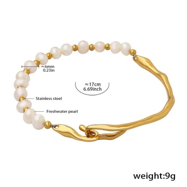 18k Gold Plated Stainless Steel Real Fresh Water Pearls Bracelet Hook Clasp Bangle Gold / Silver Color - Image 2