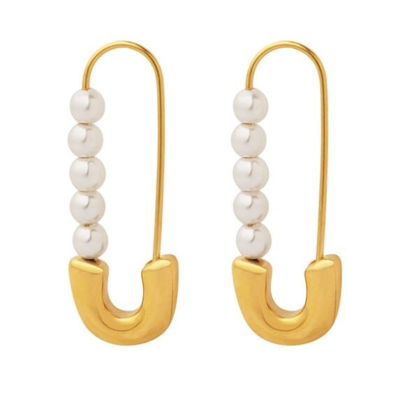 18K Gold Plated Stainless Steel Safety Pin with Imitation Pearl Earrings