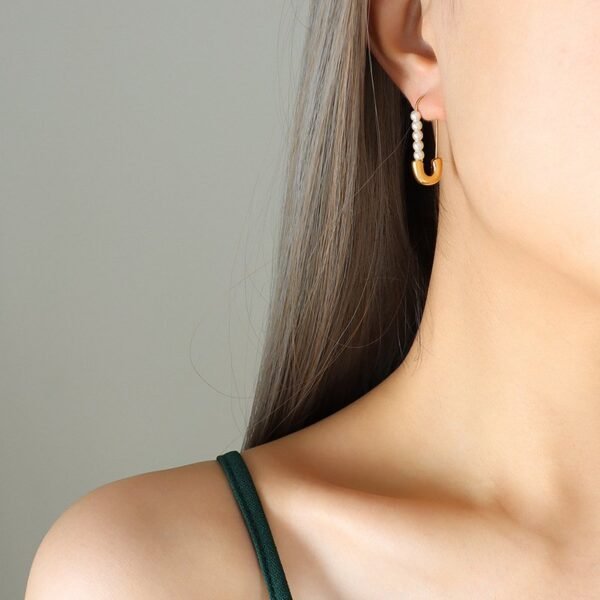 18K Gold Plated Stainless Steel Safety Pin with Imitation Pearl Earrings - Image 3