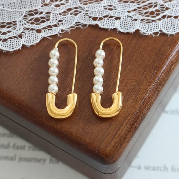 18K Gold Plated Stainless Steel Safety Pin with Imitation Pearl Earrings - Image 2
