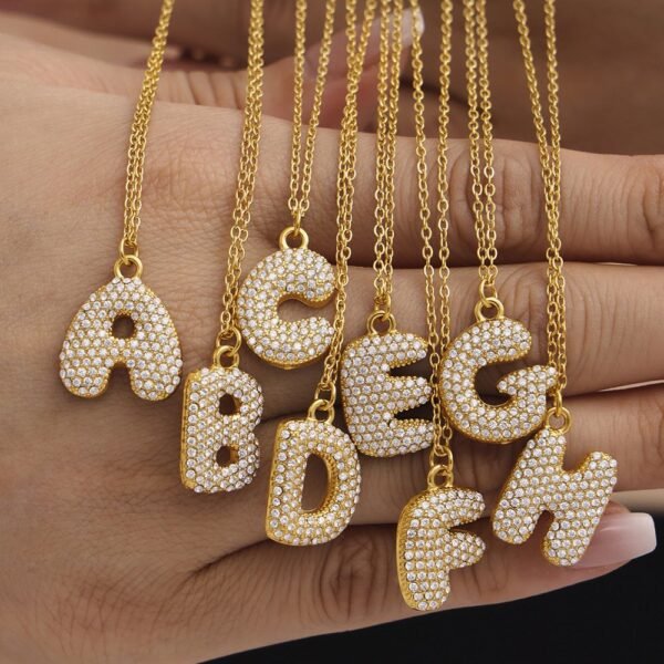 18k Gold Plated Stainless Steel 5A Zircon Inlaid 26 Letter Sparkle Initial Pendant Necklace