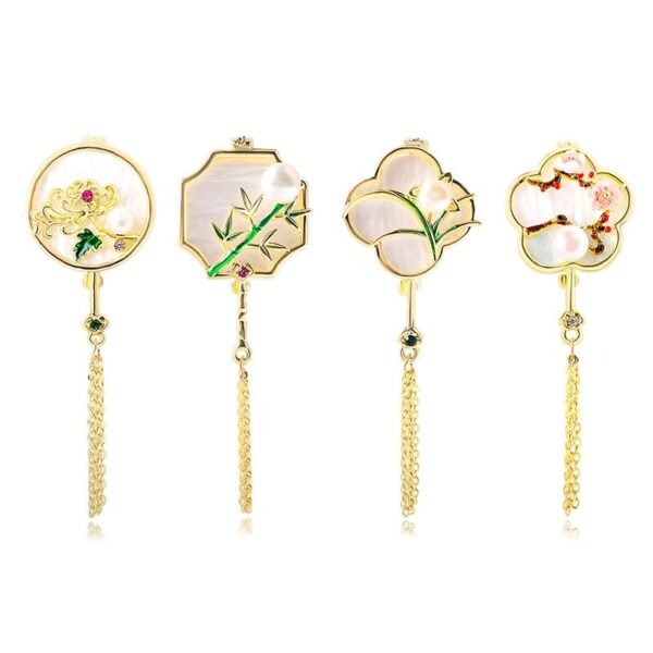 14k Gold Plated Chinese Style Plum Orchid Bamboo Chrysanthemum Plants Flower Pattern Whide Shell  Imitation Pearl Brooch Pin with Tassel