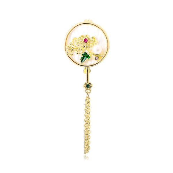 14k Gold Plated Chinese Style Plum Orchid Bamboo Chrysanthemum Plants Flower Pattern Whide Shell  Imitation Pearl Brooch Pin with Tassel - Image 5