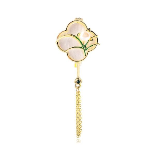 14k Gold Plated Chinese Style Plum Orchid Bamboo Chrysanthemum Plants Flower Pattern Whide Shell  Imitation Pearl Brooch Pin with Tassel - Image 6