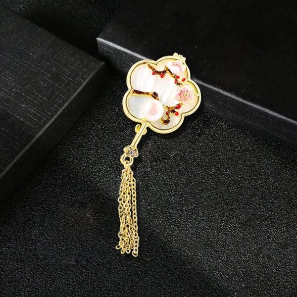 14k Gold Plated Chinese Style Plum Orchid Bamboo Chrysanthemum Plants Flower Pattern Whide Shell  Imitation Pearl Brooch Pin with Tassel - Image 4