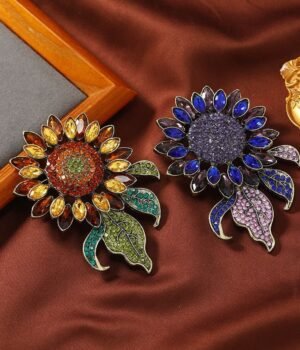 Zircon Inlaid Sparkle Big Sunflower Brooch Colorful Rhinestone Decorated Flower with Green Leaf Gold / Blue Color