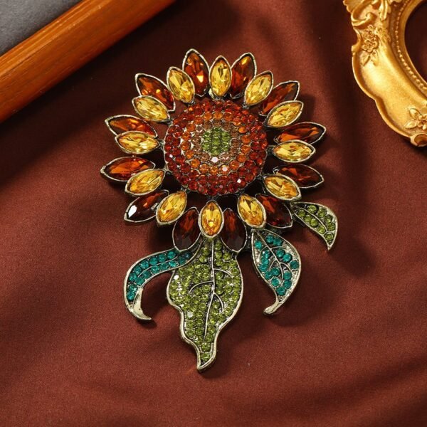 Zircon Inlaid Sparkle Big Sunflower Brooch Colorful Rhinestone Decorated Flower with Green Leaf Gold / Blue Color - Image 4