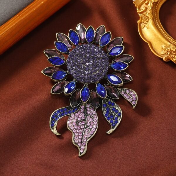 Zircon Inlaid Sparkle Big Sunflower Brooch Colorful Rhinestone Decorated Flower with Green Leaf Gold / Blue Color - Image 3