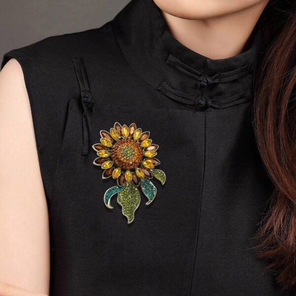Zircon Inlaid Sparkle Big Sunflower Brooch Colorful Rhinestone Decorated Flower with Green Leaf Gold / Blue Color - Image 2