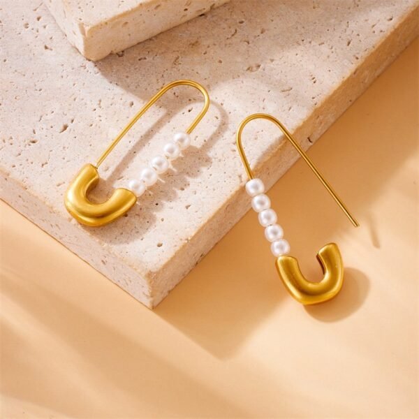 18K Gold Plated Stainless Steel Safety Pin with Imitation Pearl Earrings - Image 5