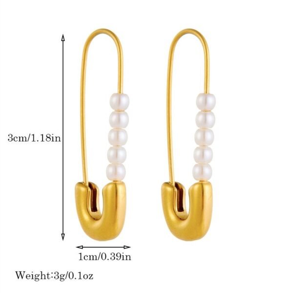 18K Gold Plated Stainless Steel Safety Pin with Imitation Pearl Earrings - Image 4