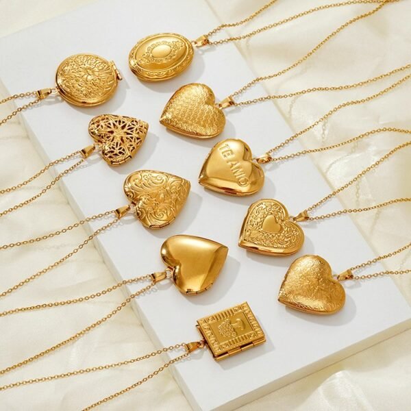 18k Gold Plated Stainless Steel Oval Heart Square Shape Locket Pendant Flower Tree Pattern Photo Frame Necklace Adjustable Chain