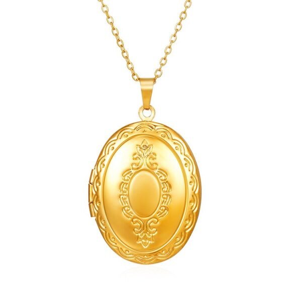 18k Gold Plated Stainless Steel Oval Heart Square Shape Locket Pendant Flower Tree Pattern Photo Frame Necklace Adjustable Chain - Image 3