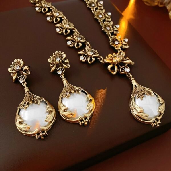 Vintage Design Rhinestone Inlaid Flower Chain Leaf Shape Imitation Pearl Elegante Dangle Earrings / Necklace / Set - Image 6
