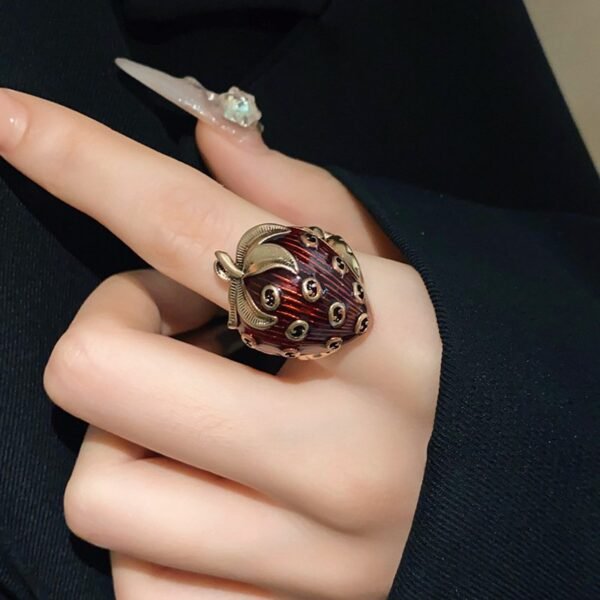 Enamel Red Color Cute Strawberry Ring Adjustable Size Fruit Jewelry