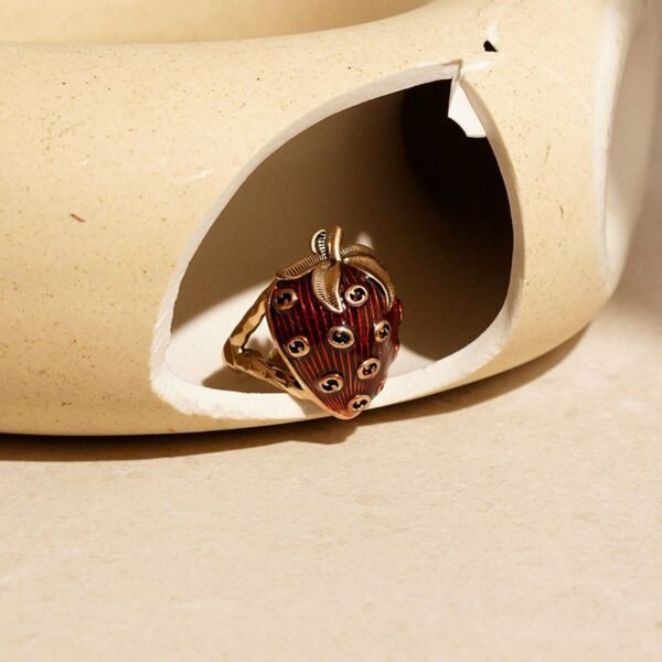 Enamel Red Color Cute Strawberry Ring Adjustable Size Fruit Jewelry - Image 2