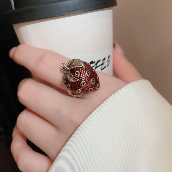 Enamel Red Color Cute Strawberry Ring Adjustable Size Fruit Jewelry - Image 3