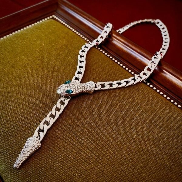 Magnet Clasp Y Shape Necklace Chunky Chain Green Eyes Snake Shape with Rhinestone Inlaid Tail - Image 4