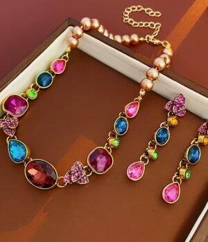 Colorful Rhinestone Inlaid Flower Shape Dangle Earrings / Imitation Pearl Necklace / Set