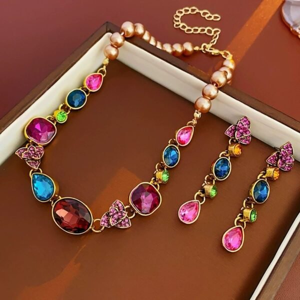 Colorful Rhinestone Inlaid Flower Shape Dangle Earrings / Imitation Pearl Necklace / Set