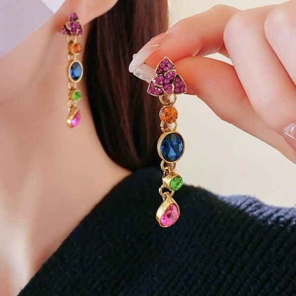 Colorful Rhinestone Inlaid Flower Shape Dangle Earrings / Imitation Pearl Necklace / Set - Image 2