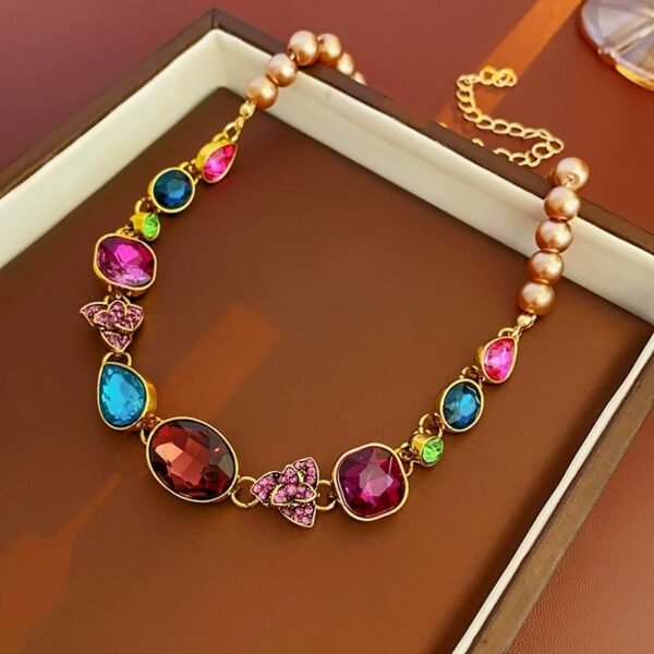 Colorful Rhinestone Inlaid Flower Shape Dangle Earrings / Imitation Pearl Necklace / Set - Image 4