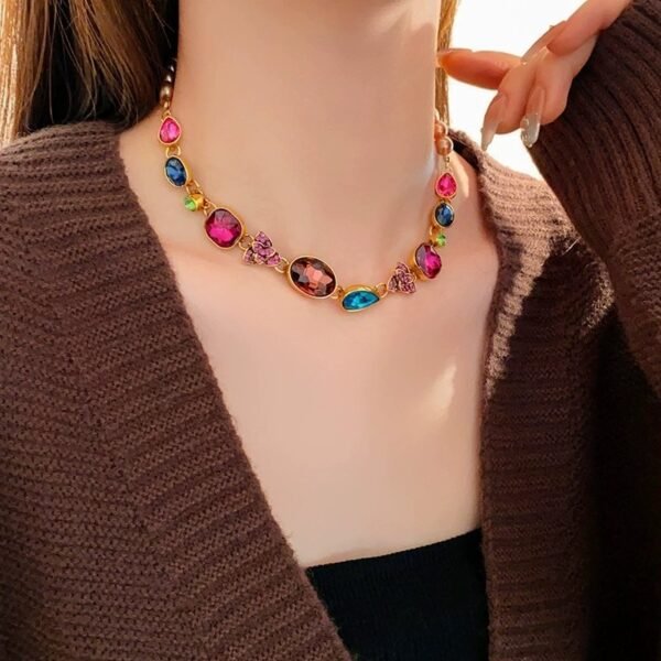 Colorful Rhinestone Inlaid Flower Shape Dangle Earrings / Imitation Pearl Necklace / Set - Image 3