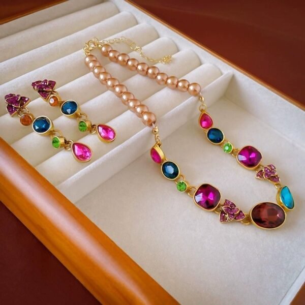 Colorful Rhinestone Inlaid Flower Shape Dangle Earrings / Imitation Pearl Necklace / Set - Image 6