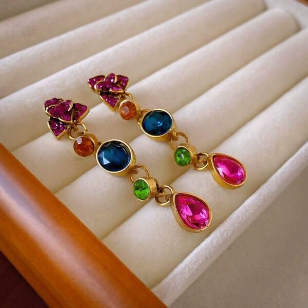 Colorful Rhinestone Inlaid Flower Shape Dangle Earrings / Imitation Pearl Necklace / Set - Image 5