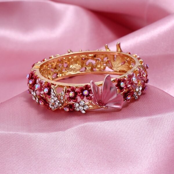 Chinese Style Bangle s Colorful Enamel Cuff Rose Gold Flower Butterfly Engraved Cloisonne Hollow-out Bracelet