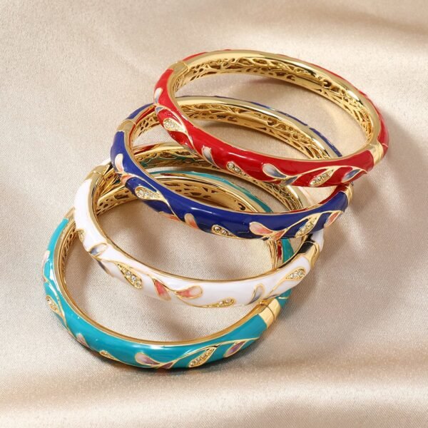 Chinese Traditional Style Bracelet Colorful Enamel Cloisonne Cuff Filigree Bangle Flower Leaf Pattern Relief