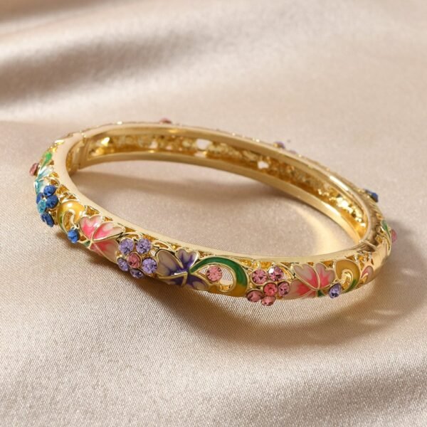 Chinese Style Cloisonne Flower Cuff Bangle Colorful Enamel Rhinestone Inlaid Bracelet - Image 6
