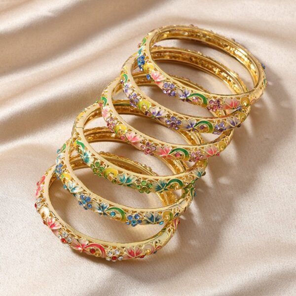 Chinese Style Cloisonne Flower Cuff Bangle Colorful Enamel Rhinestone Inlaid Bracelet