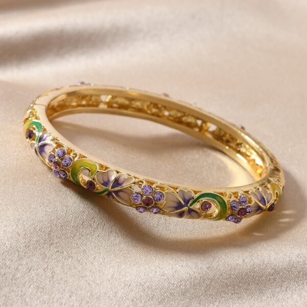 Chinese Style Cloisonne Flower Cuff Bangle Colorful Enamel Rhinestone Inlaid Bracelet - Image 5