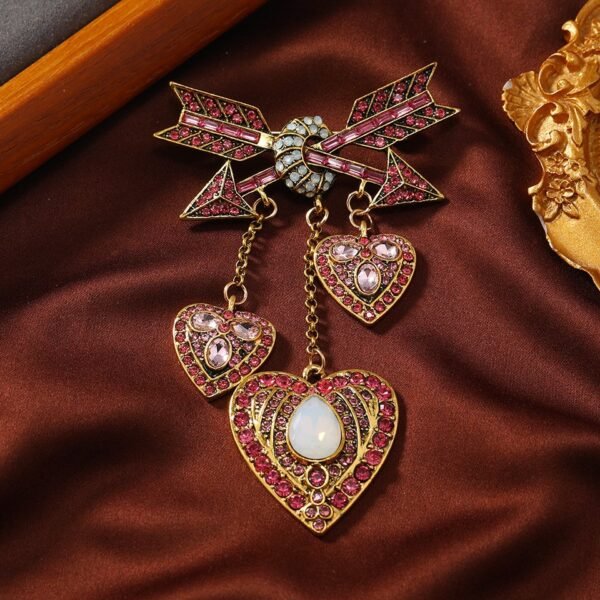 Rhinestone Inlaid Sparkle Cupid Arrow with Heart Dangle Brooch Pink / Red / Green - Image 3