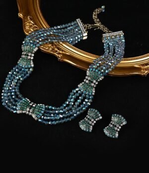 Sparkle Iridescent Colorful Blue Rhinestone Inlaid Layer Bead Necklace with Bow Tie Statement Necklace / Stud Earrings / Set