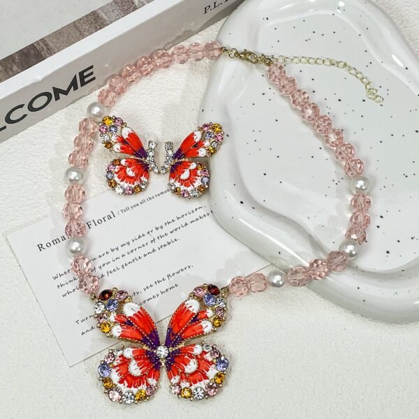 Orange Enamel Color Colorful Rhinestone Inlaid Butterfly Stud Earrings Pink Bead Chain Pendant Necklace Jewelry Sets - Image 5