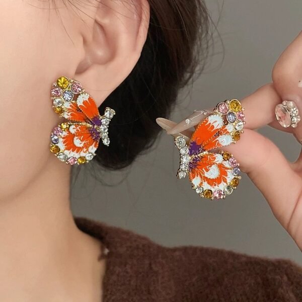 Orange Enamel Color Colorful Rhinestone Inlaid Butterfly Stud Earrings Pink Bead Chain Pendant Necklace Jewelry Sets - Image 2