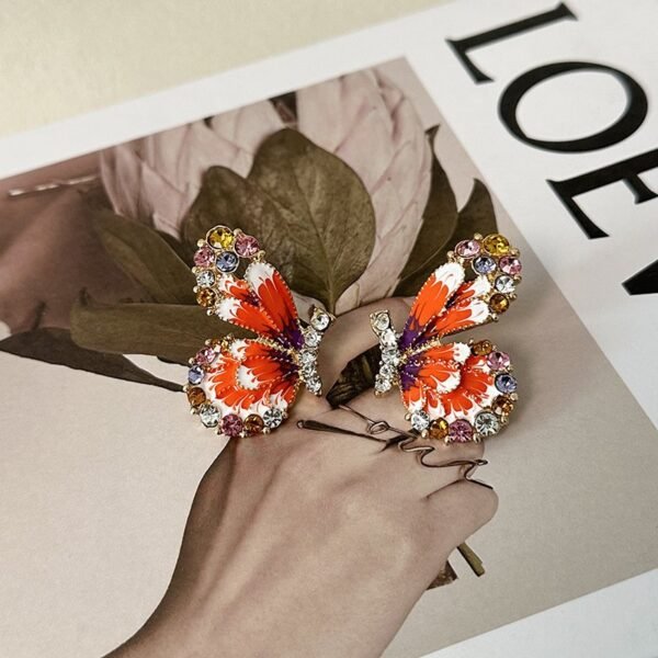Orange Enamel Color Colorful Rhinestone Inlaid Butterfly Stud Earrings Pink Bead Chain Pendant Necklace Jewelry Sets - Image 6