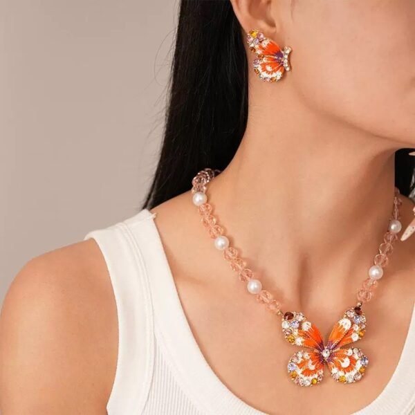 Orange Enamel Color Colorful Rhinestone Inlaid Butterfly Stud Earrings Pink Bead Chain Pendant Necklace Jewelry Sets
