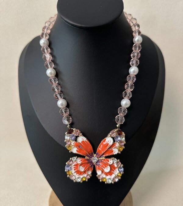 Orange Enamel Color Colorful Rhinestone Inlaid Butterfly Stud Earrings Pink Bead Chain Pendant Necklace Jewelry Sets - Image 7